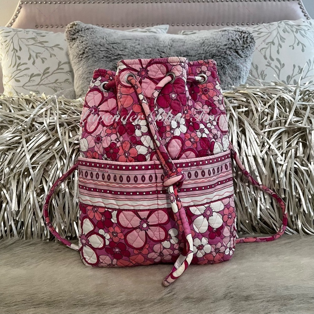 Vintage VERA BRADLEY Power Pink 2003 Drawstring 2 Pocket Backpack Floral White